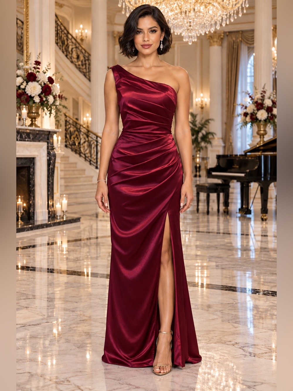 NWOT AW Bridal Sz12 Raspberry Red Satin One Shoulder Wedding Military Gala Gown